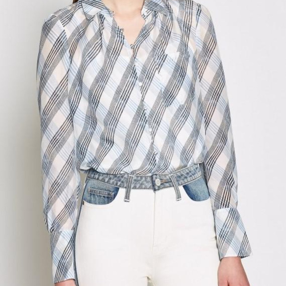 Joie Plaid Silk Button-Down w/Bell Sleeves